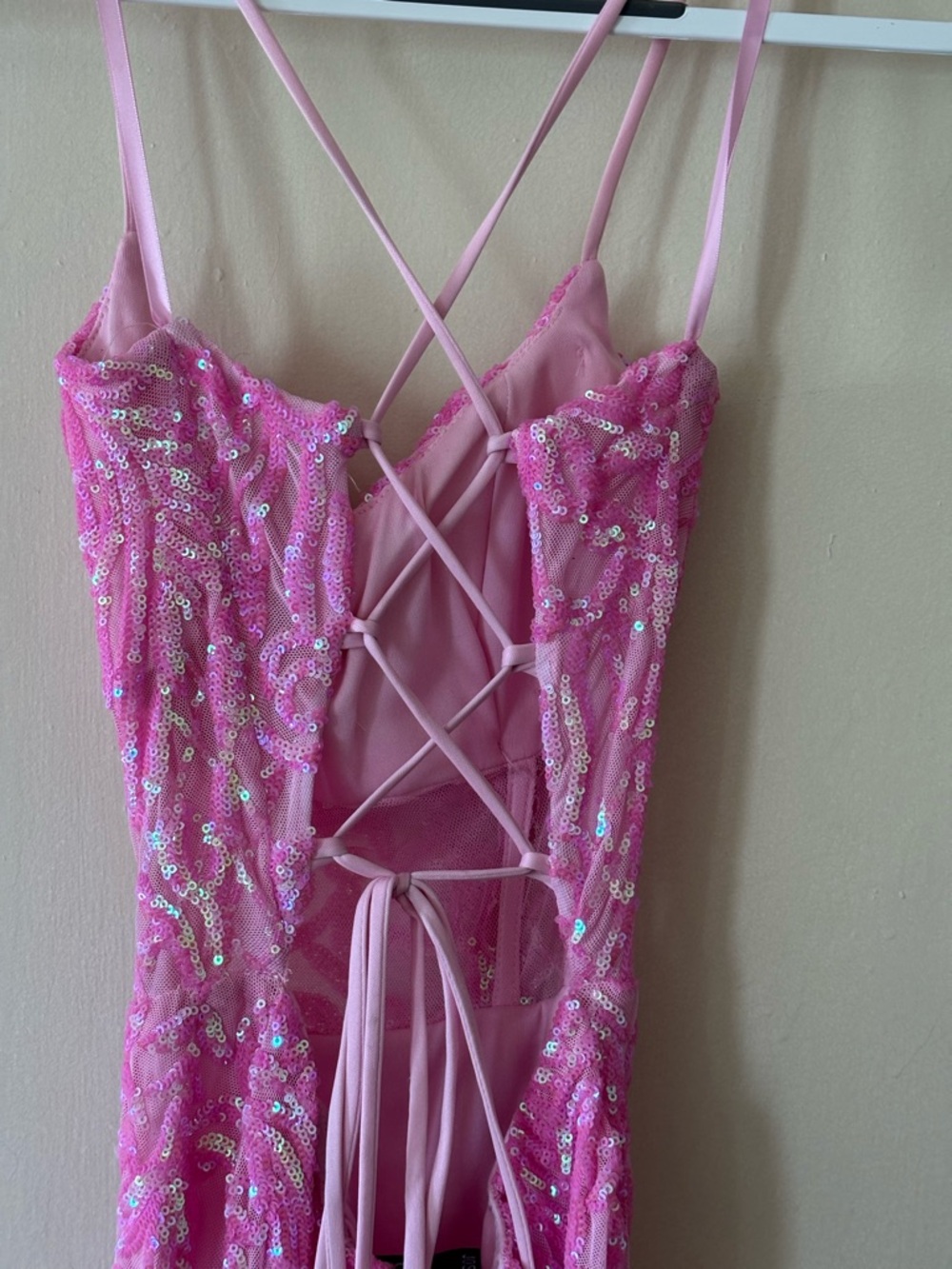 Windsor Pink Sequin Spaghetti-Strap Prom Gown with Thigh Slit - Picture 6 of 12